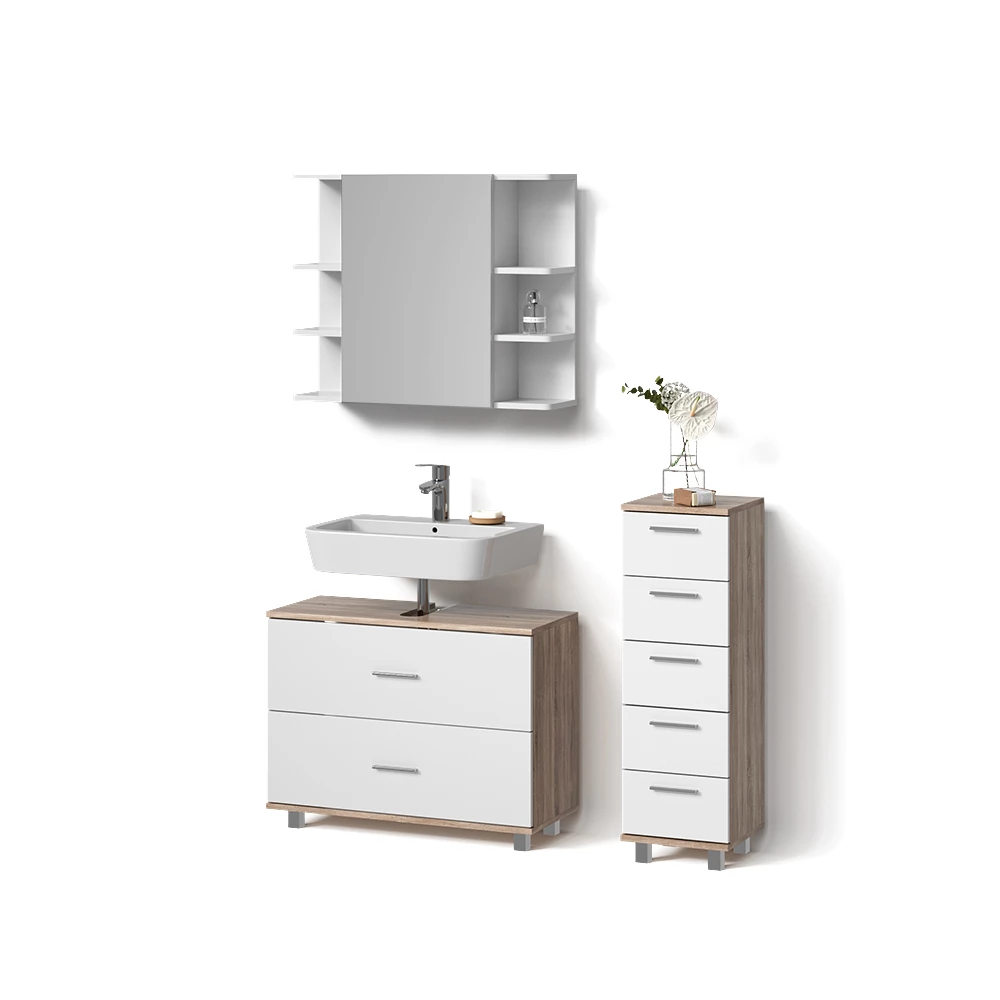 Badmöbel-Set in Weiß/Sonoma auf weißem Hintergrund