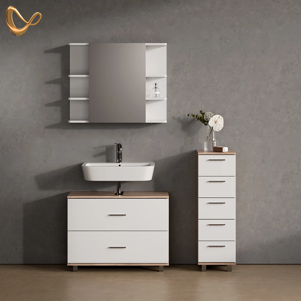 Badmöbel-Set in Weiß/Sonoma, dargestellt im Ambiente und auf weißem Hintergrund