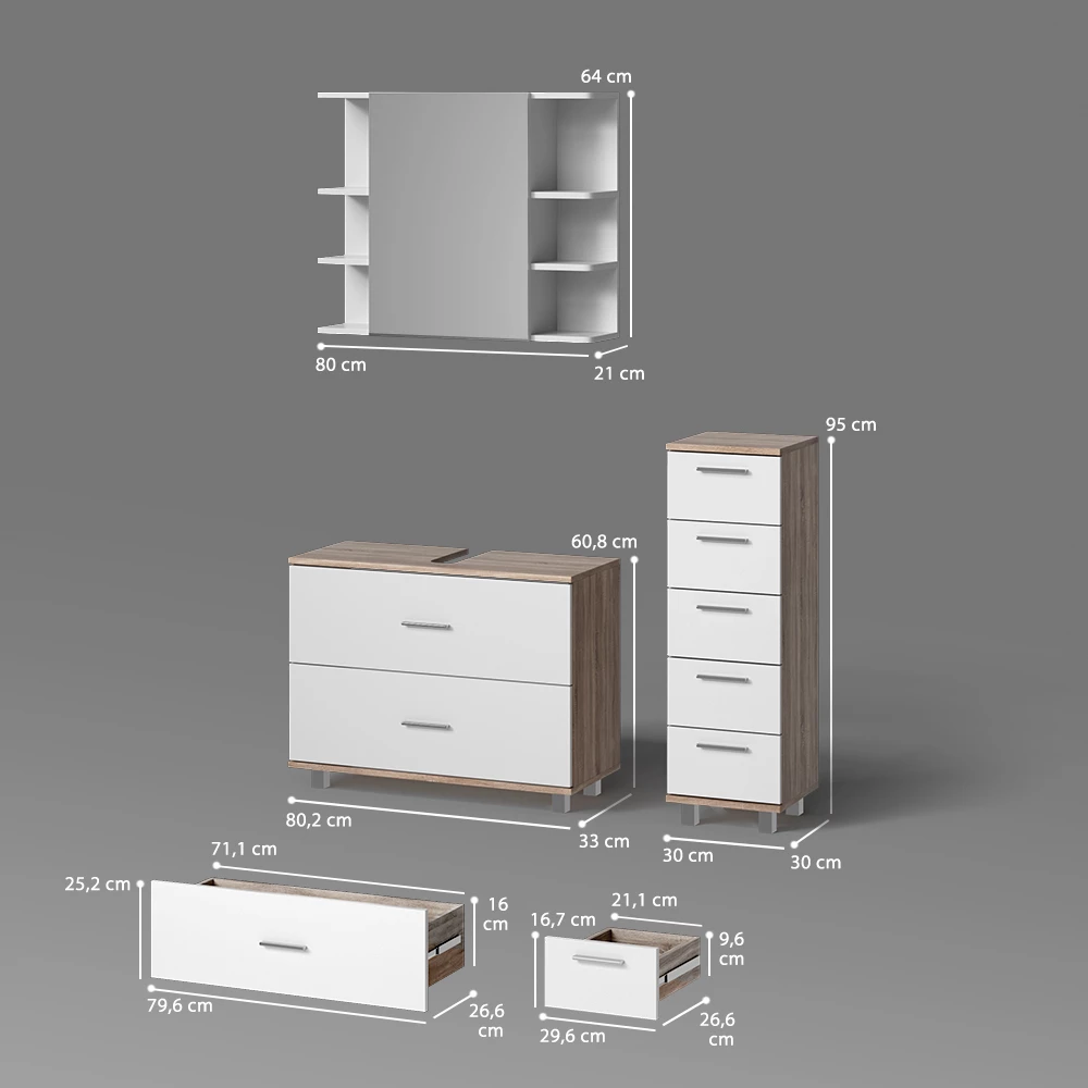 Badmöbel-Set in Weiß/Sonoma auf weißem Hintergrund mit sichtbaren Maßen