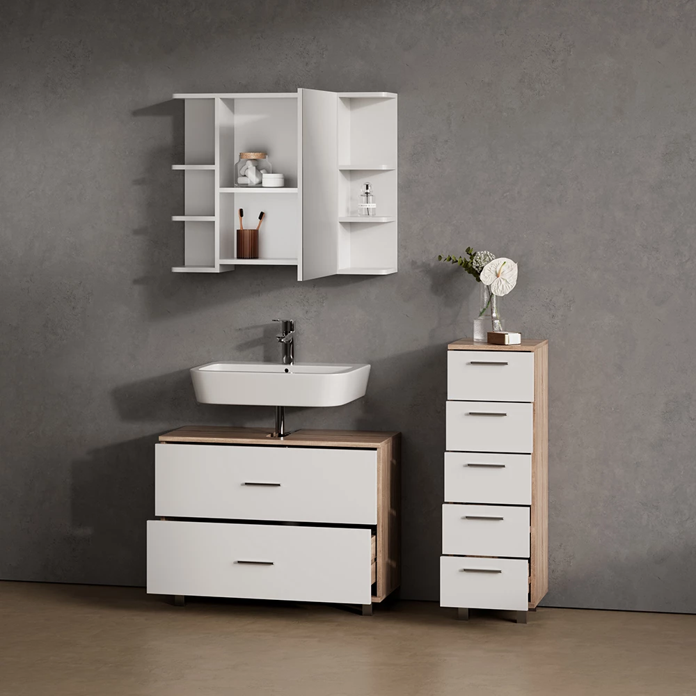 Nahaufnahme von Badmöbel-Set in Weiß/Sonoma, zeigt Textur/Details