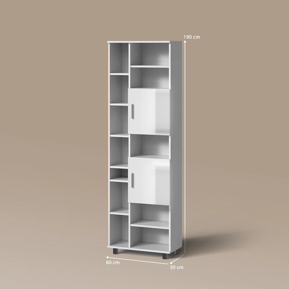 Badschrank in Weiß Hochglanz auf weißem Hintergrund mit sichtbaren Maßen