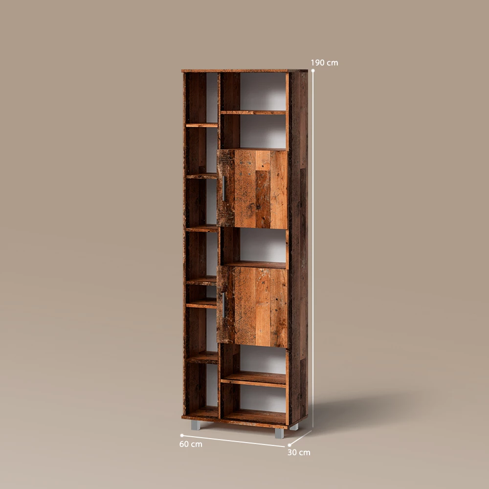 Badschrank in Eiche rustikal auf weißem Hintergrund mit sichtbaren Maßen