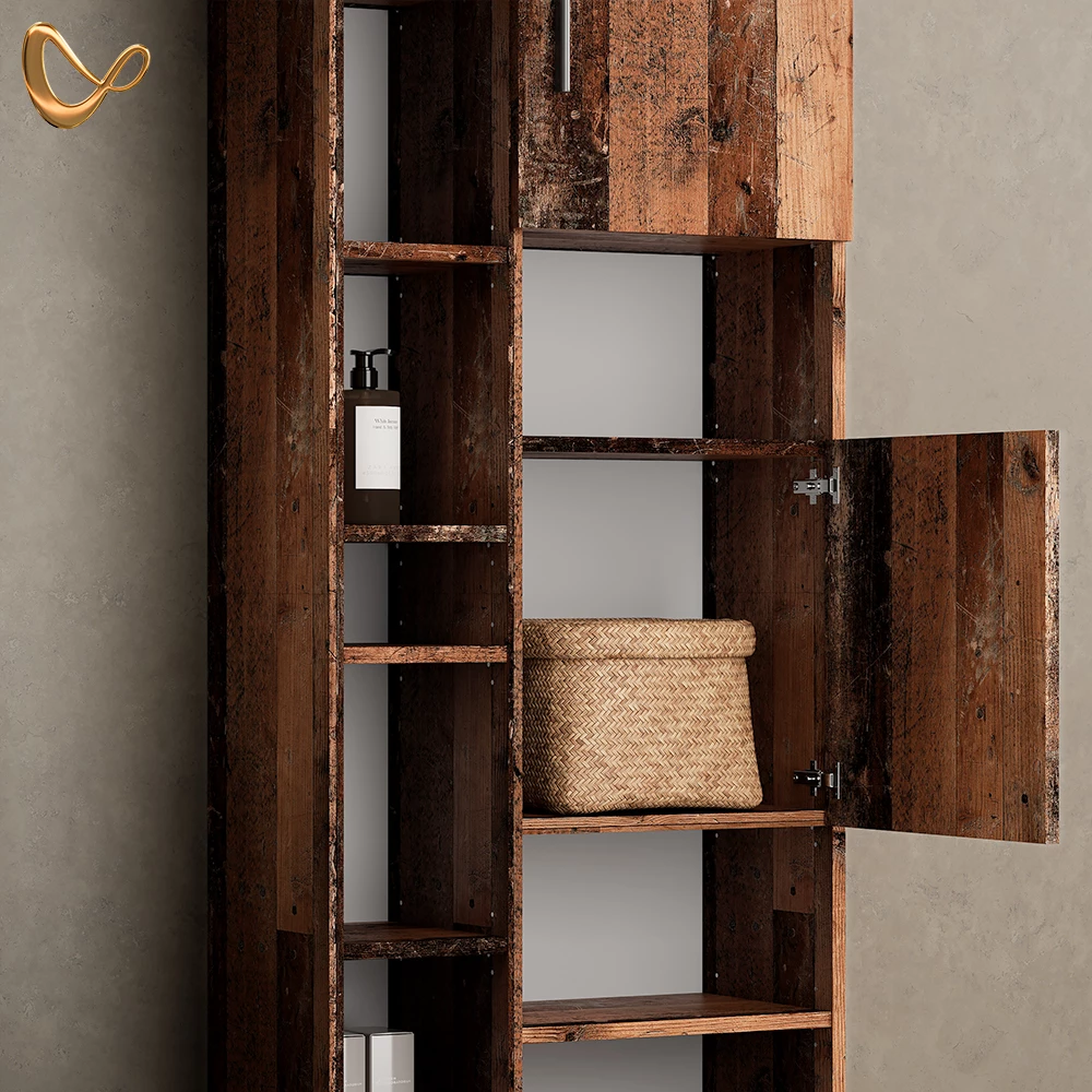 Nahaufnahme von Badmöbel-Set in Eiche rustikal, zeigt Design- und Oberflächendetails