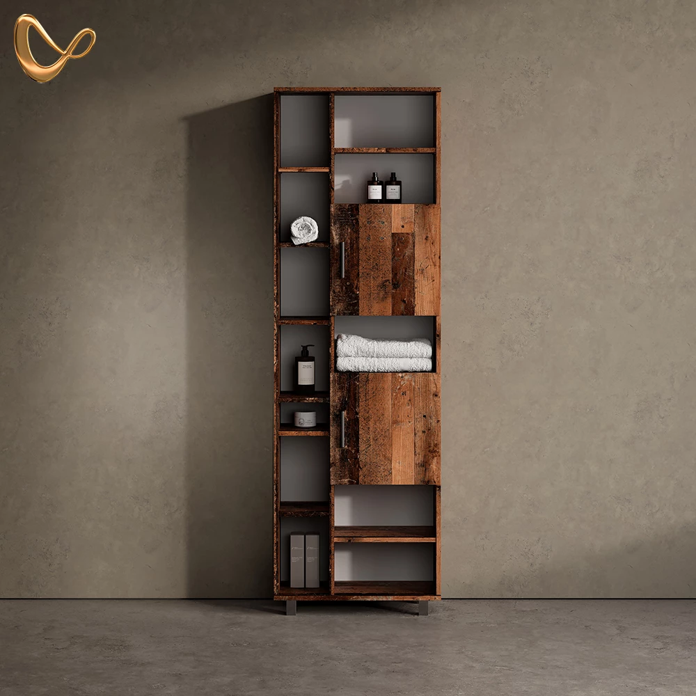 Badschrank Eisak Eiche rustikal 60 x 190 cm mit Türen, und offenen Fächern livinity®
