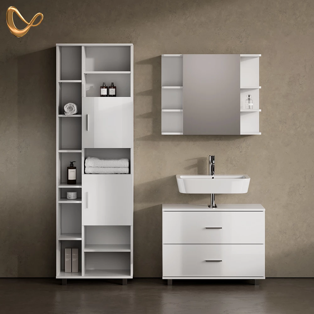 Badmöbel-Set in Weiß Hochglanz, dargestellt im Ambiente und auf weißem Hintergrund