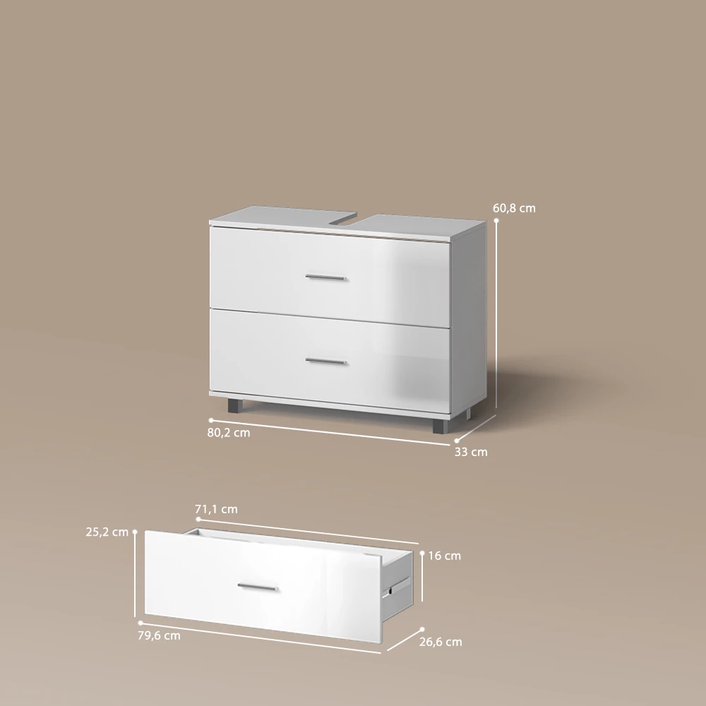 Waschbeckenunterschrank in Weiß Hochglanz auf weißem Hintergrund mit sichtbaren Maßen