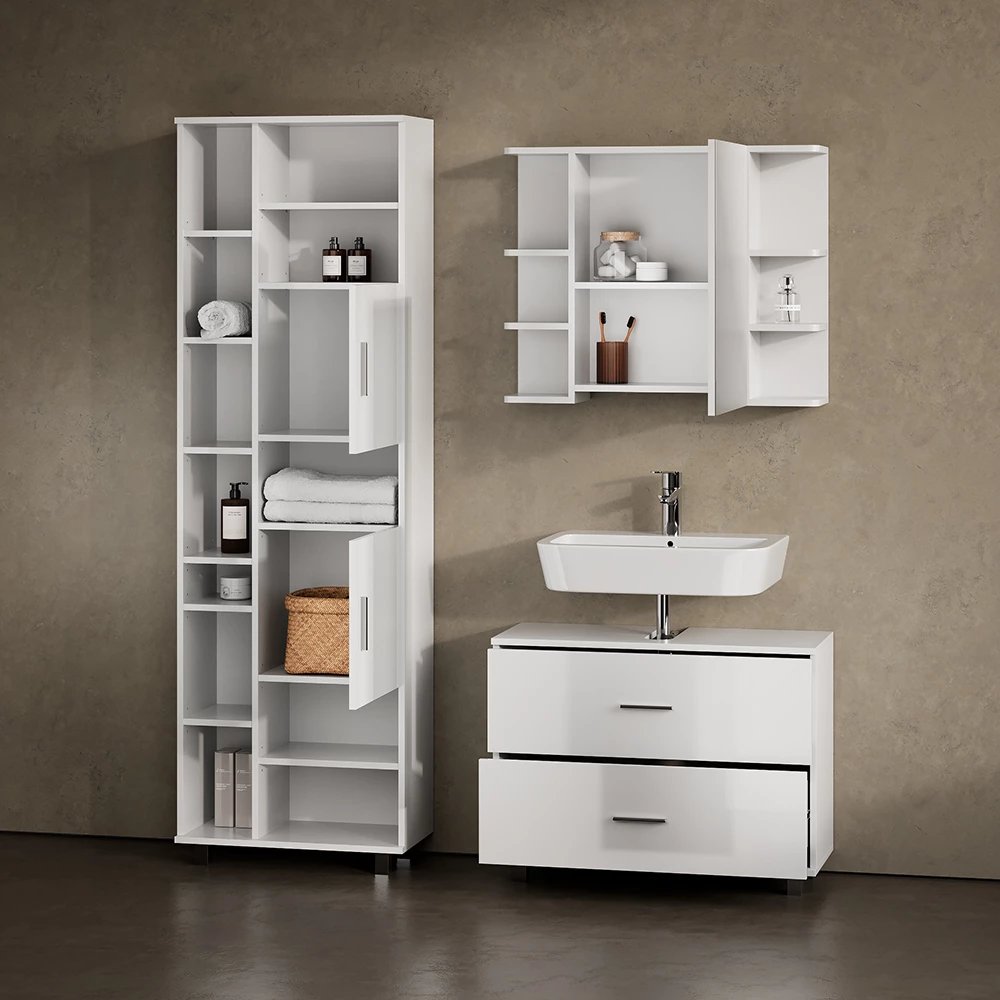 Nahaufnahme von Badmöbel-Set in Weiß Hochglanz, zeigt Textur/Details