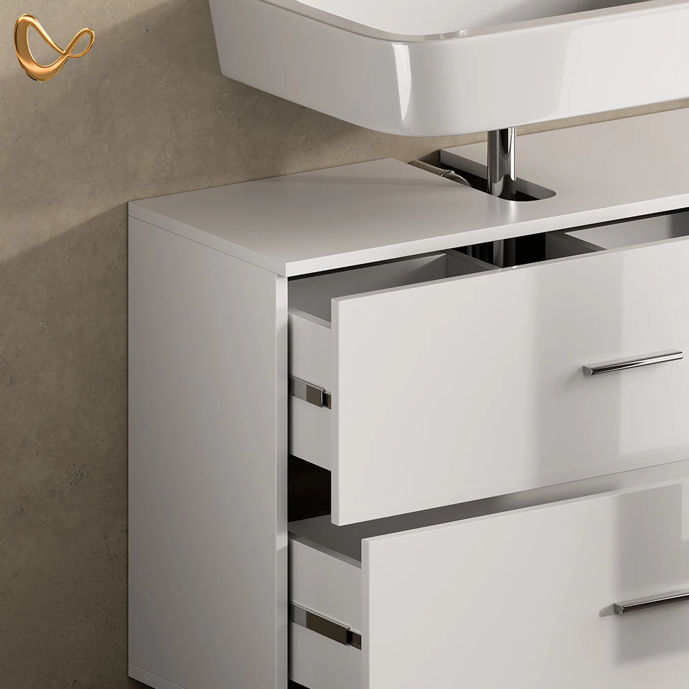 Nahaufnahme von Waschbeckenunterschrank in Weiß Hochglanz, zeigt Design- und Oberflächendetails