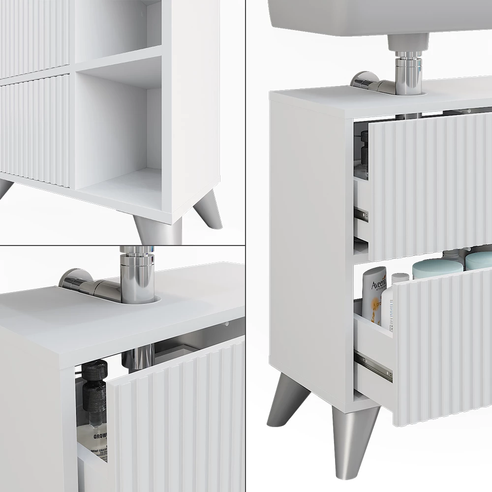 Vicco Waschbeckenunterschrank Weiß 60 x 62 cm mit 2 Schubladen, Leano