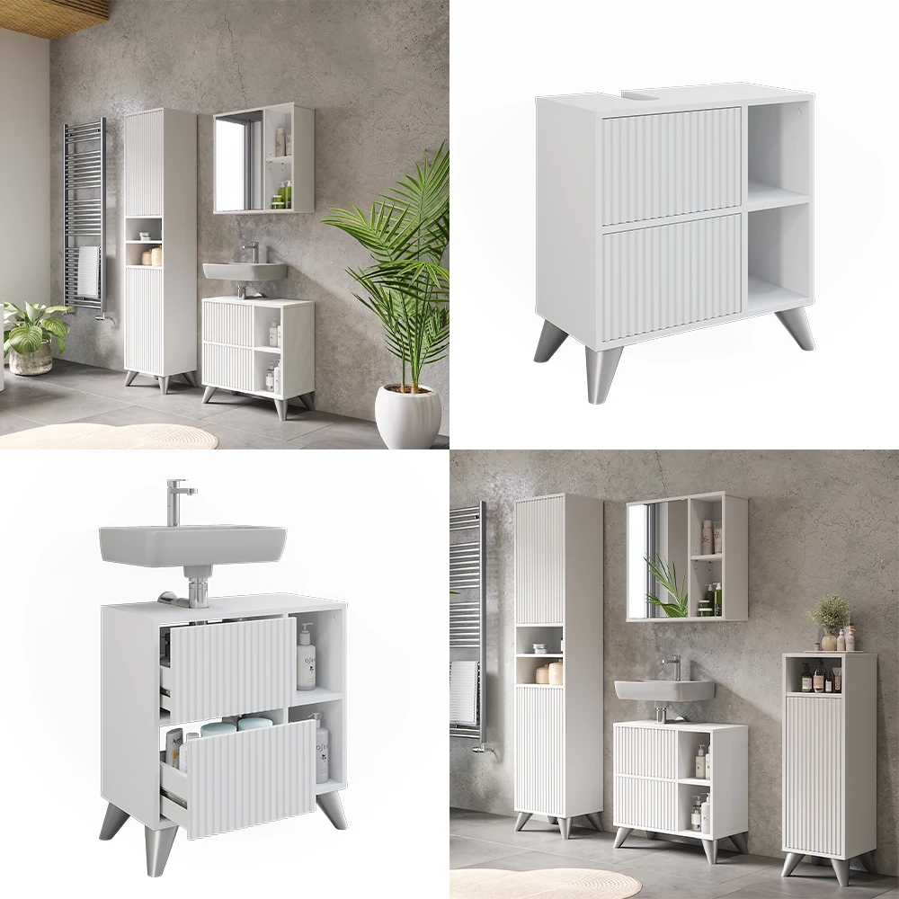Vicco Waschbeckenunterschrank Weiß 60 x 62 cm mit 2 Schubladen, Leano