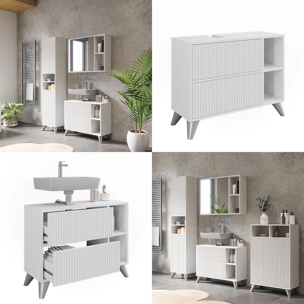 Vicco Wastafelonderkast Wit 80 x 62 cm met 2 laden, Leano
