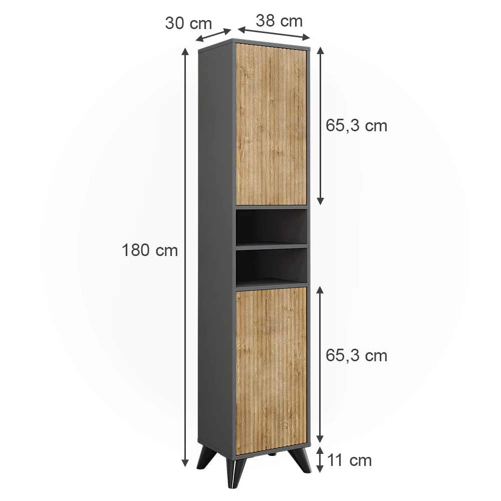 Vicco Mobiletto da bagno Antracite/quercia di montagna 38 x 180 cm con 2 porte, Leano