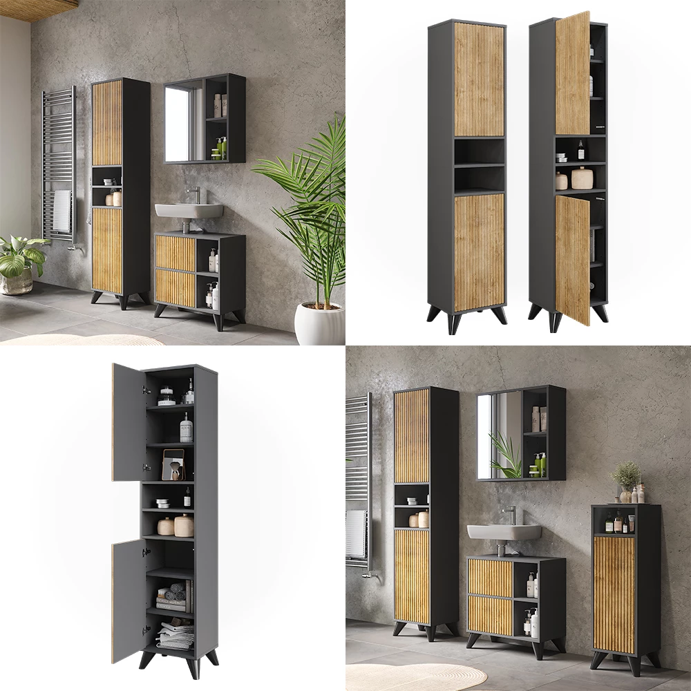 Vicco Mobiletto da bagno Antracite/quercia di montagna 38 x 180 cm con 2 porte, Leano