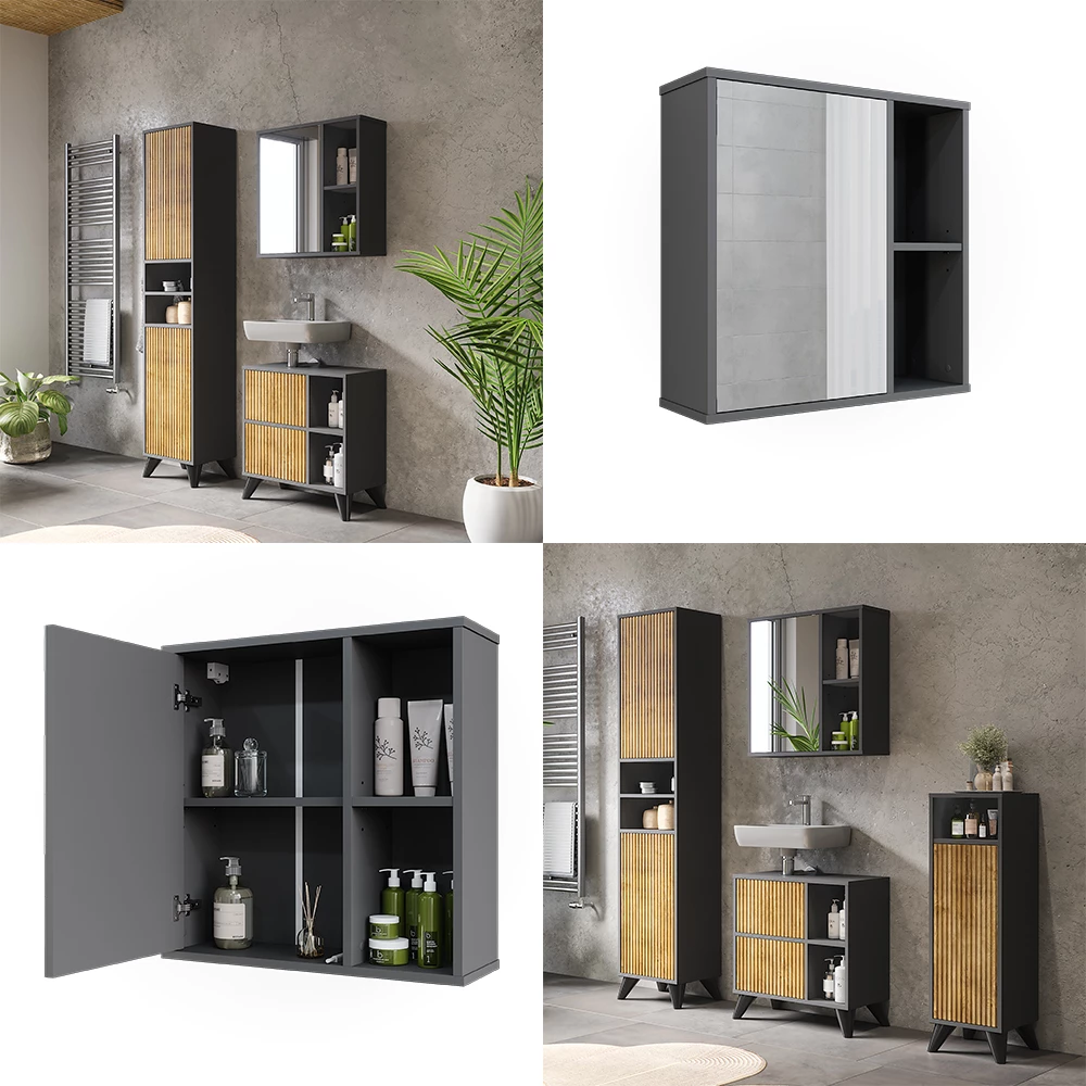 Vicco Badkamerspiegelkast Antraciet 60 x 60 cm, Leano
