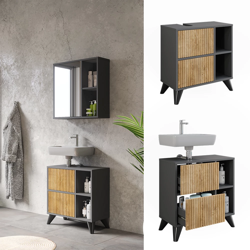 Vicco Armário baixo para pia Anthrazit/Bergeiche 60x62 cmmit 2 Schubladen, Leano
