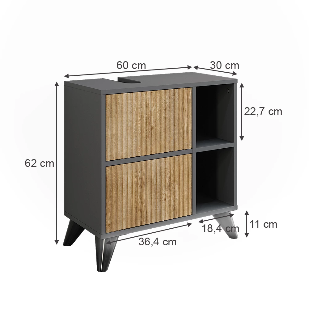 Vicco Wastafelonderkast Antraciet/berg eik 60 x 62 cm met 2 laden, Leano