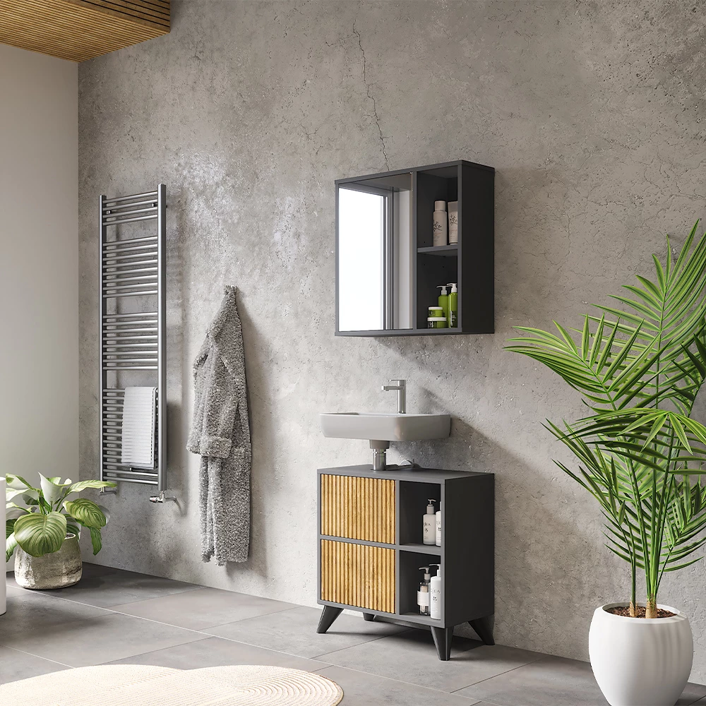 Vicco Wastafelonderkast Antraciet/berg eik 60 x 62 cm met 2 laden, Leano