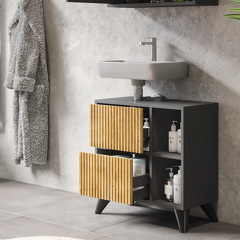 Vicco Wastafelonderkast Antraciet/berg eik 60 x 62 cm met 2 laden, Leano