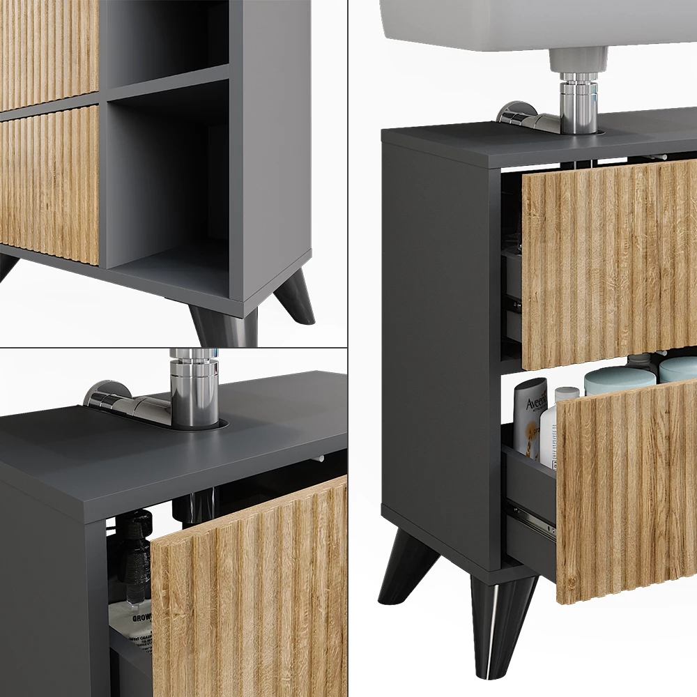 Vicco Wastafelonderkast Antraciet/berg eik 60 x 62 cm met 2 laden, Leano
