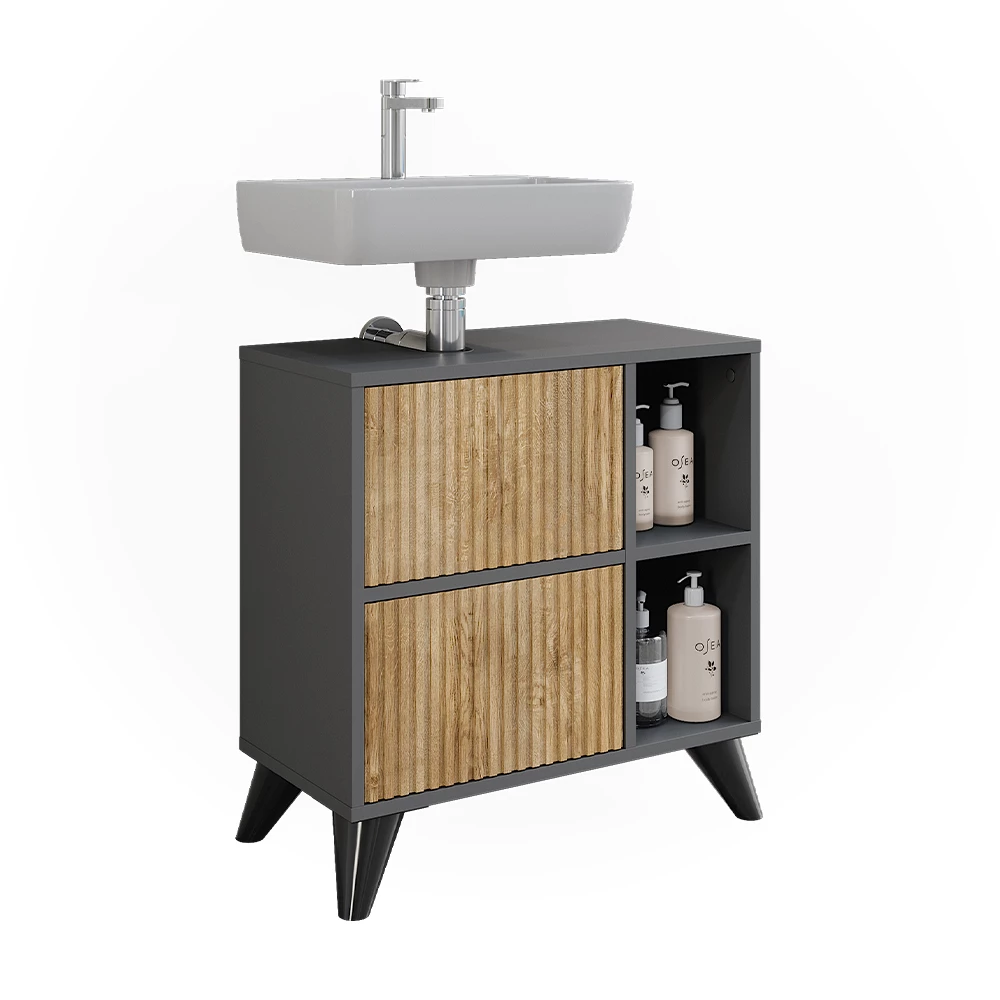 Vicco Wastafelonderkast Antraciet/berg eik 60 x 62 cm met 2 laden, Leano