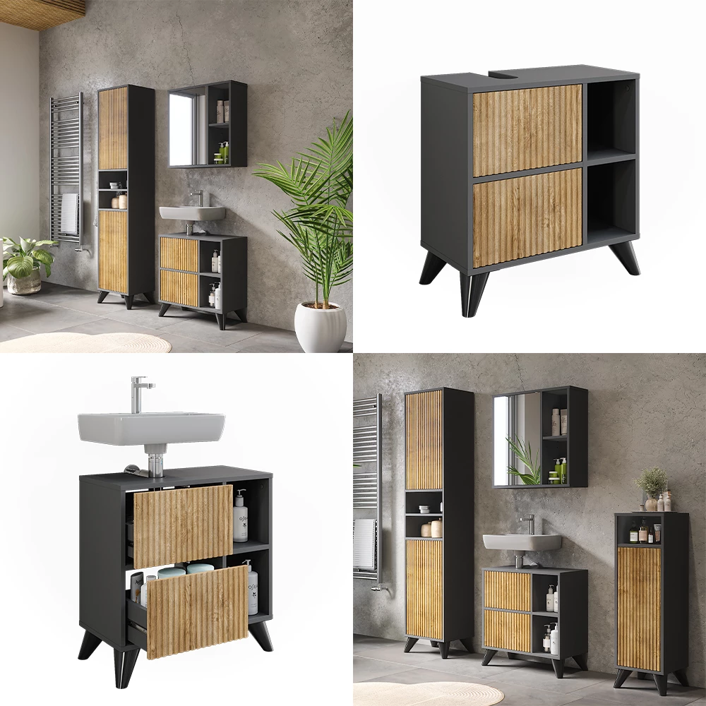 Vicco Wastafelonderkast Antraciet/berg eik 60 x 62 cm met 2 laden, Leano
