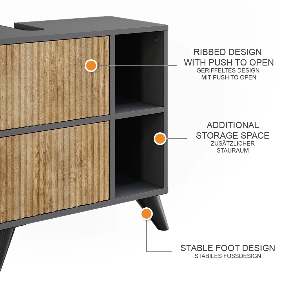 Vicco Wastafelonderkast Antraciet/berg eik 60 x 62 cm met 2 laden, Leano