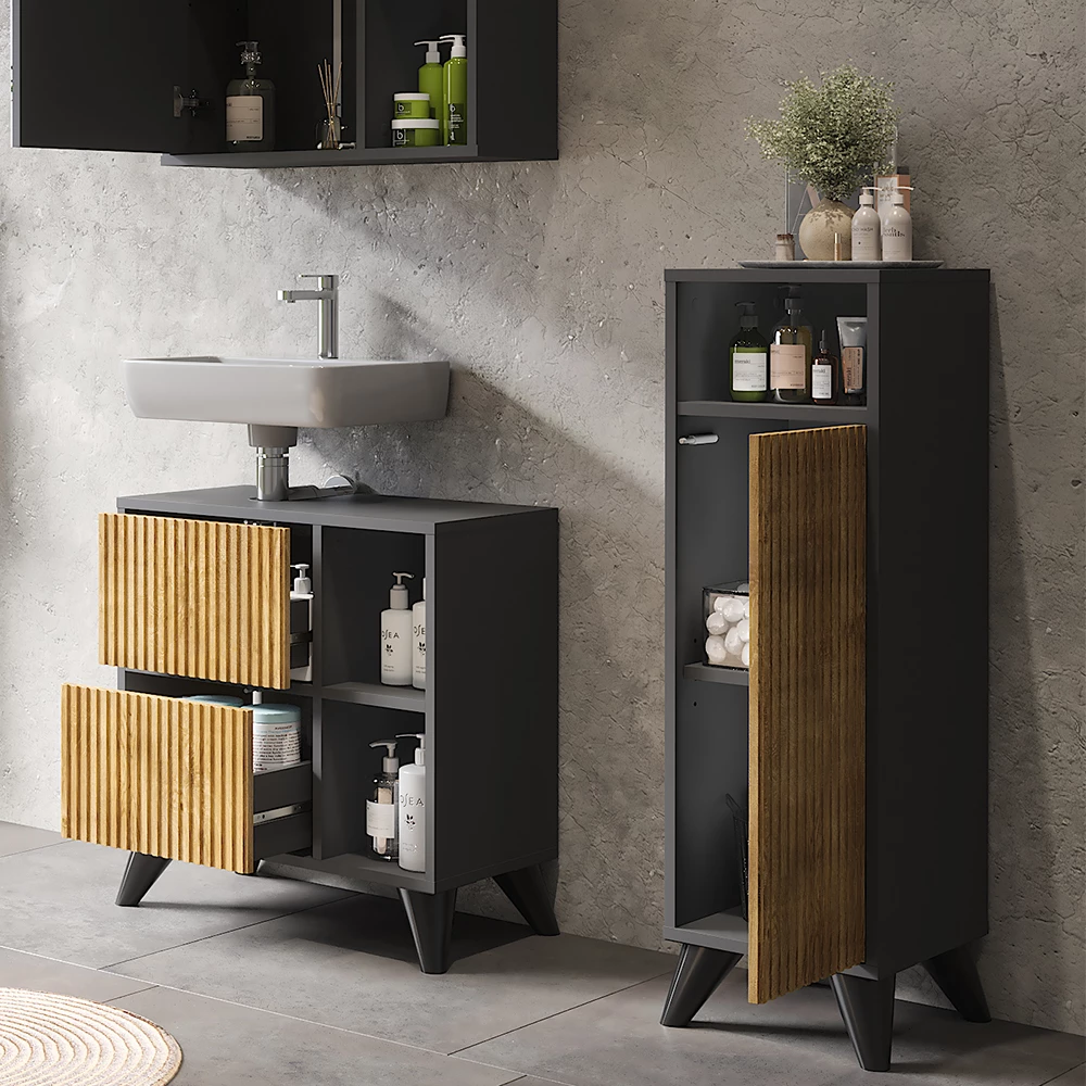 Vicco Midischrank Anthrazit/Bergeiche 30 x 97 cm mit Tür, Leano