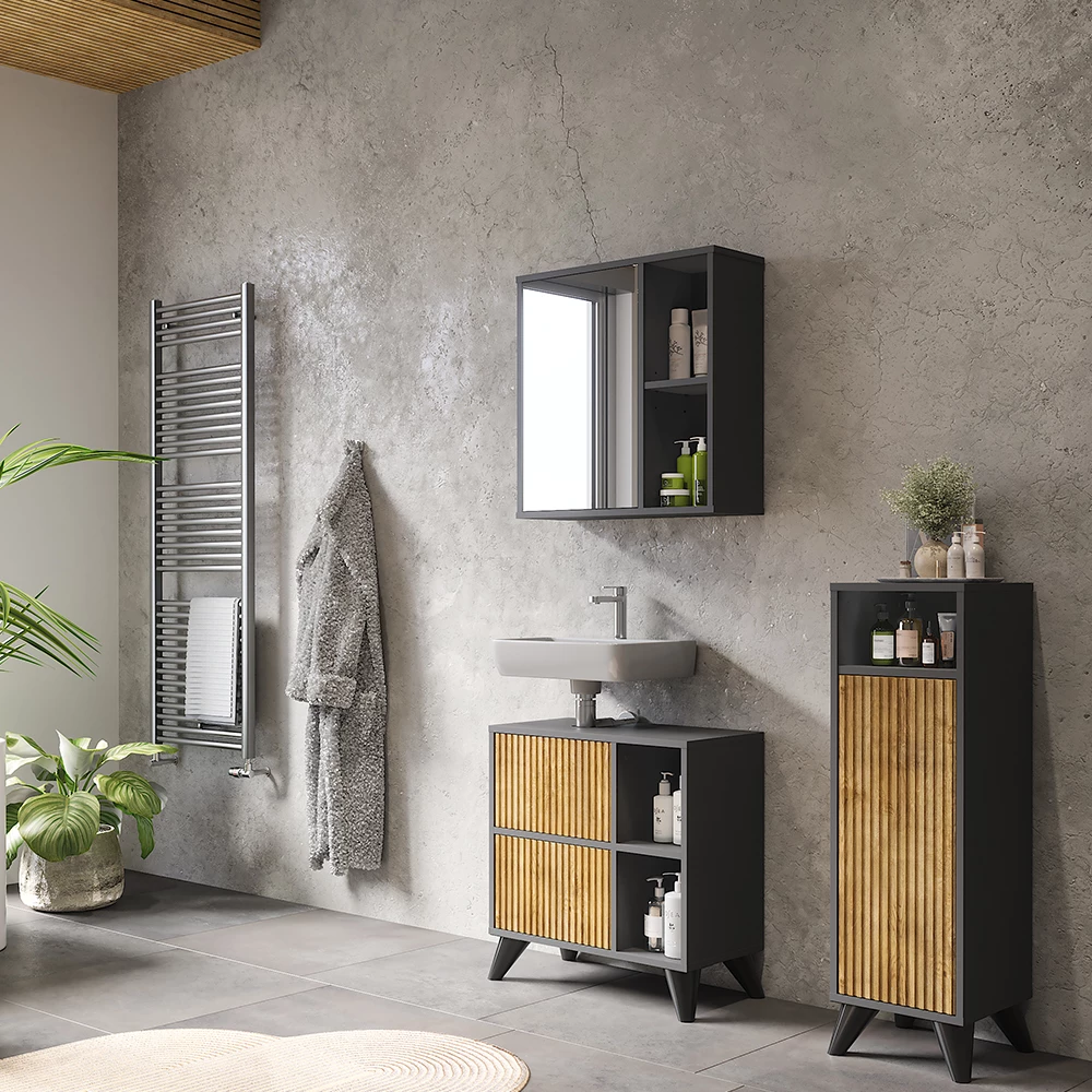 Vicco Midischrank Anthrazit/Bergeiche 30 x 97 cm mit Tür, Leano