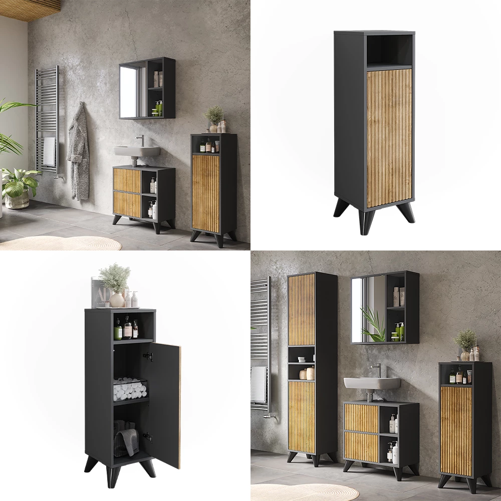 Vicco Midischrank Anthrazit/Bergeiche 30 x 97 cm mit Tür, Leano