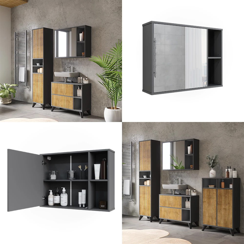 Vicco Badspiegelschrank Anthrazit 80 x 60 cm, Leano