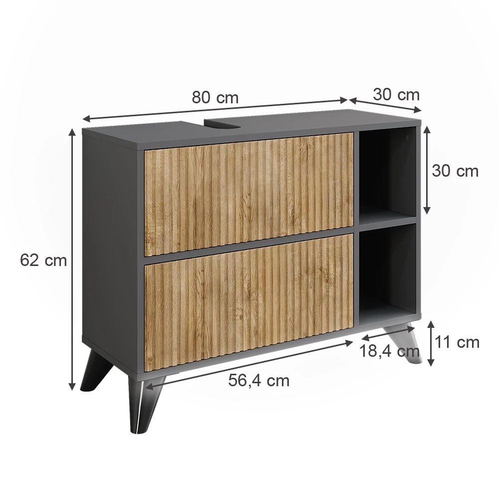 Vicco Waschbeckenunterschrank Anthrazit/Bergeiche 80 x 62 cm mit 2 Schubladen, Leano