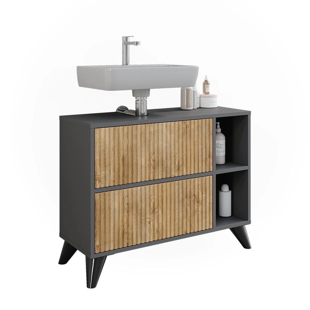 Vicco Waschbeckenunterschrank Anthrazit/Bergeiche 80 x 62 cm mit 2 Schubladen, Leano
