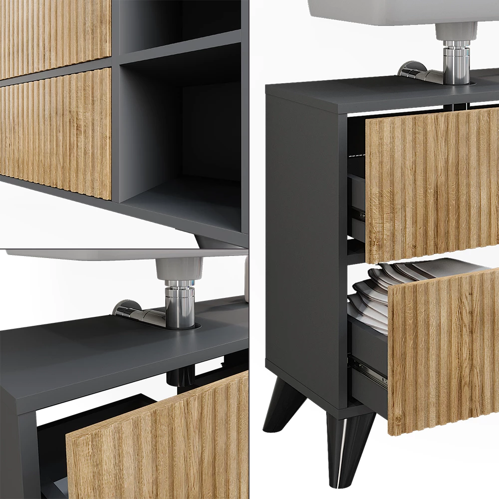 Vicco Waschbeckenunterschrank Anthrazit/Bergeiche 80 x 62 cm mit 2 Schubladen, Leano