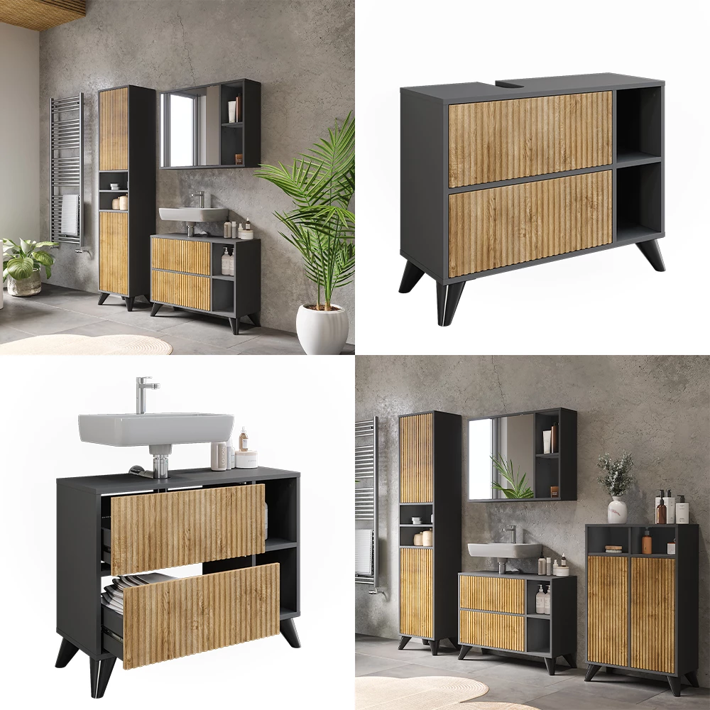 Vicco Waschbeckenunterschrank Anthrazit/Bergeiche 80 x 62 cm mit 2 Schubladen, Leano