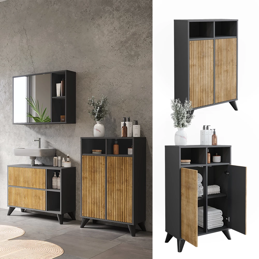 Vicco Midischrank Anthrazit/Bergeiche 60 x 97 cm mit 2 Türen, Leano