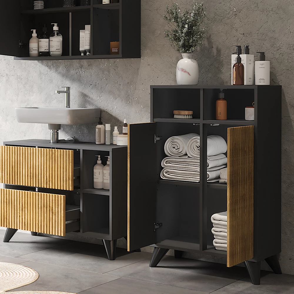 Vicco Midikast Antraciet/berg eik 60 x 97 cm met 2 deuren, Leano
