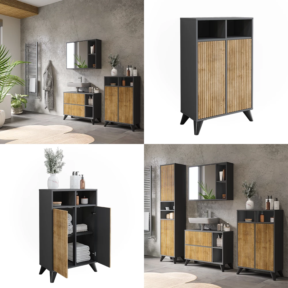 Vicco Midikast Antraciet/berg eik 60 x 97 cm met 2 deuren, Leano