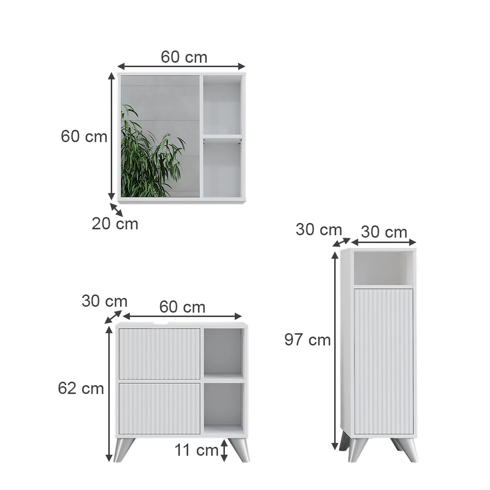 Set di mobili da bagno in Bianco su sfondo bianco con dimensioni visibili