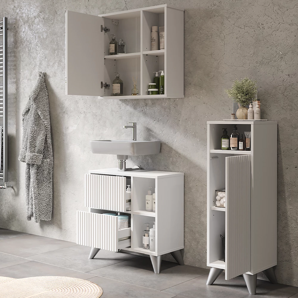 Primo piano di Set di mobili da bagno in Bianco, mostrando texture/dettagli