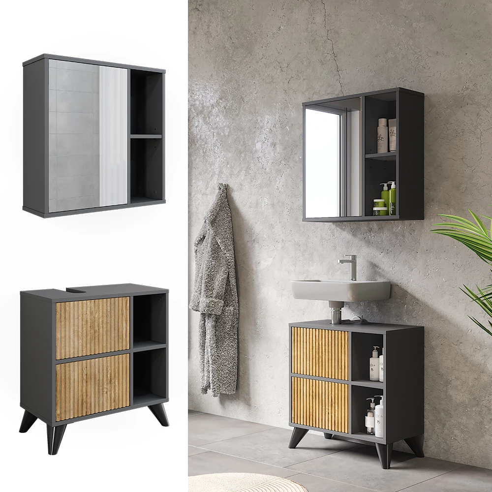 Vicco Badmöbel-Set Anthrazit/Bergeiche 2 Teile, Leano