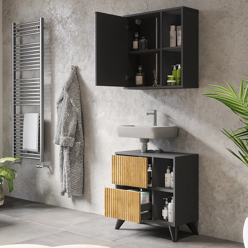 Vicco Badmöbel-Set Anthrazit/Bergeiche 2 Teile, Leano