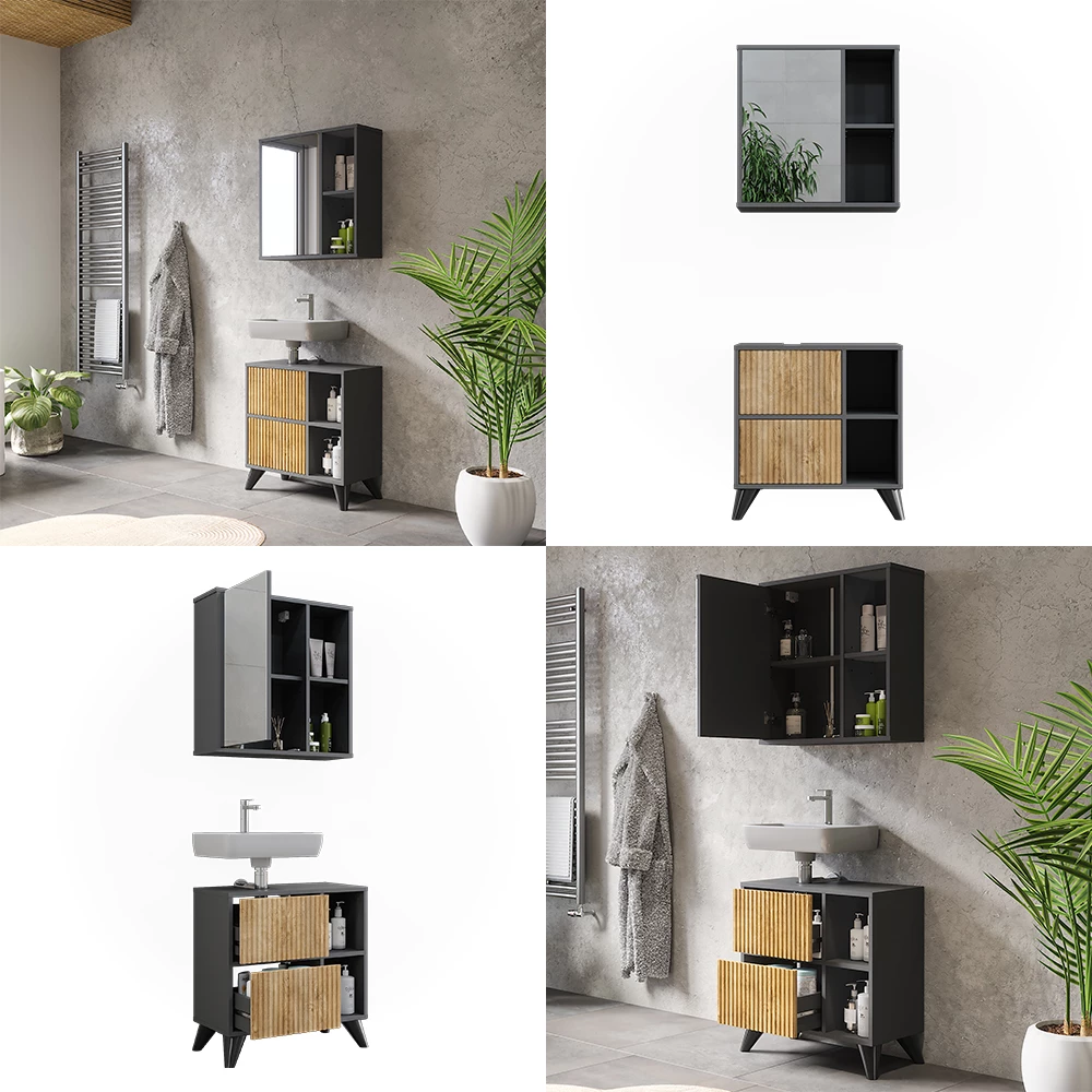 Vicco Badmöbel-Set Anthrazit/Bergeiche 2 Teile, Leano