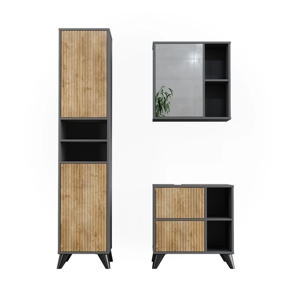 Vicco Set di mobili da bagno Antracite/quercia di montagna 3 parti, Leano