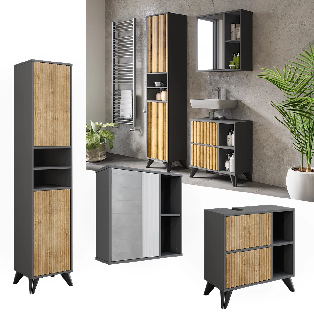Vicco Set di mobili da bagno Antracite/quercia di montagna 3 parti, Leano