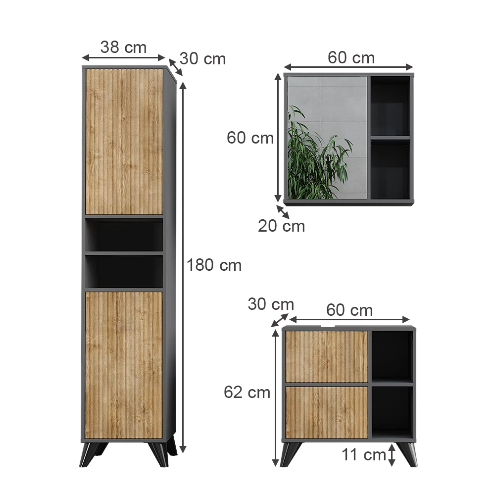 Vicco Set di mobili da bagno Antracite/quercia di montagna 3 parti, Leano