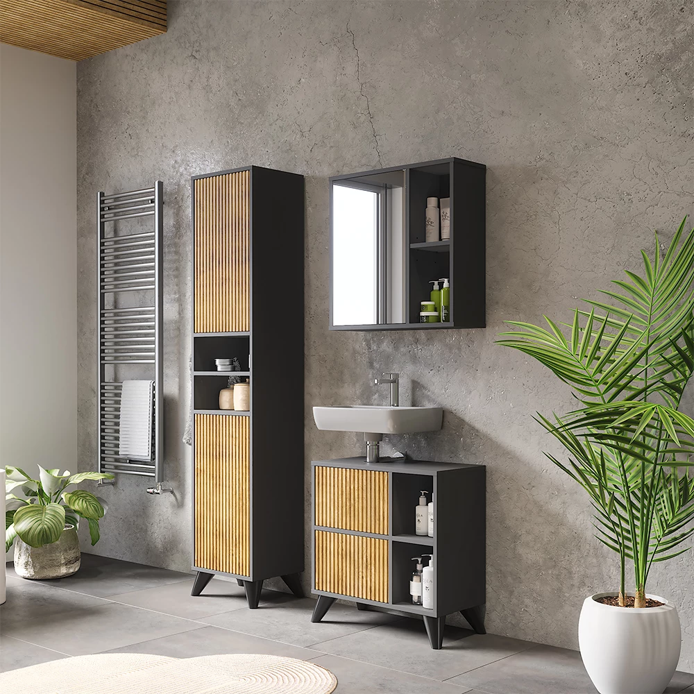 Vicco Set di mobili da bagno Antracite/quercia di montagna 3 parti, Leano
