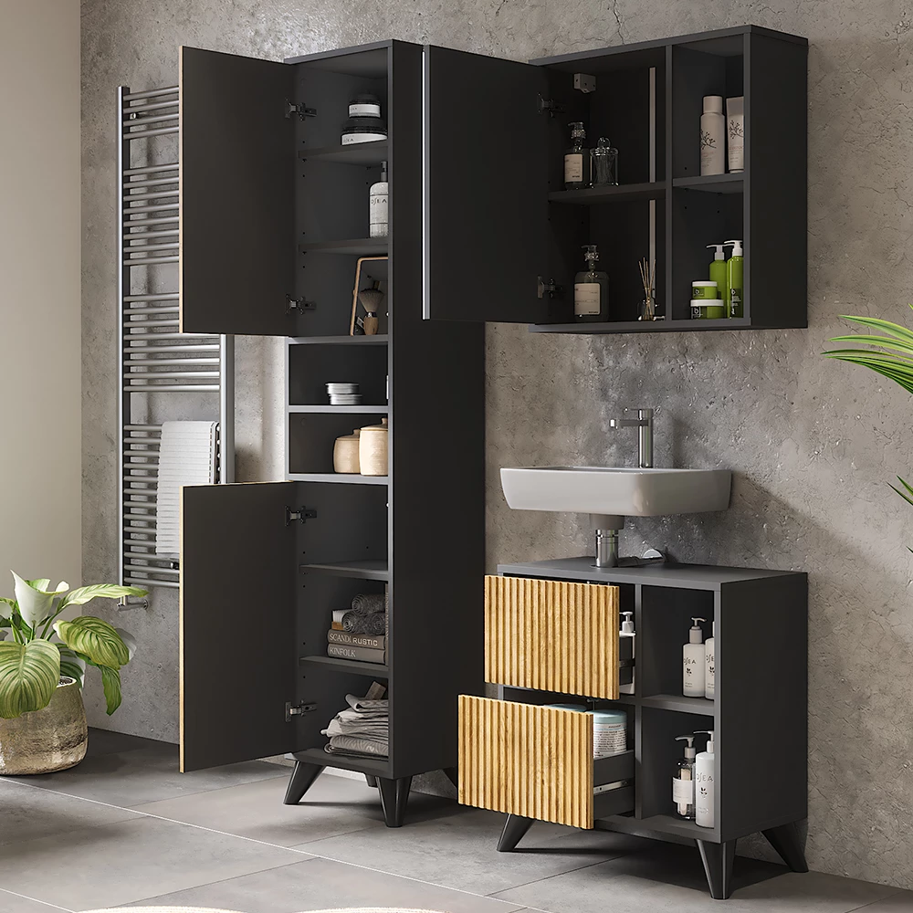 Vicco Set di mobili da bagno Antracite/quercia di montagna 3 parti, Leano