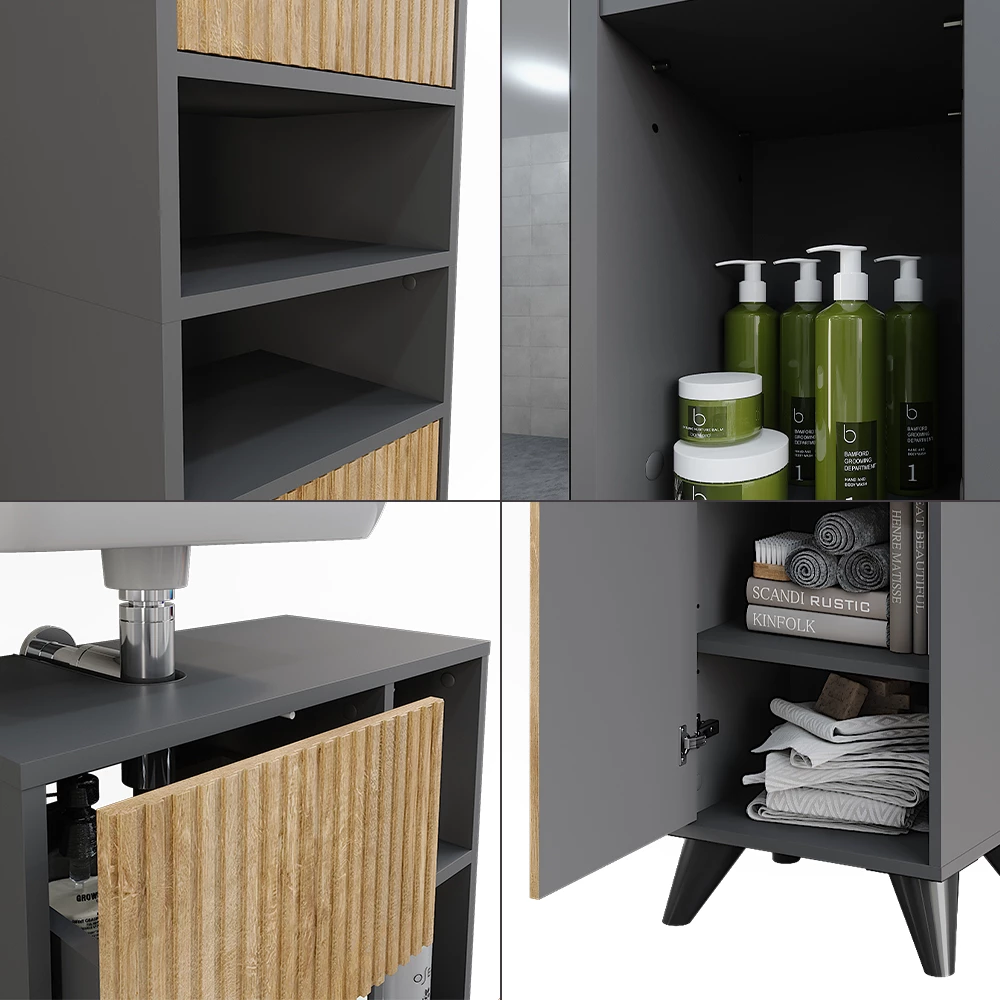 Vicco Set di mobili da bagno Antracite/quercia di montagna 3 parti, Leano