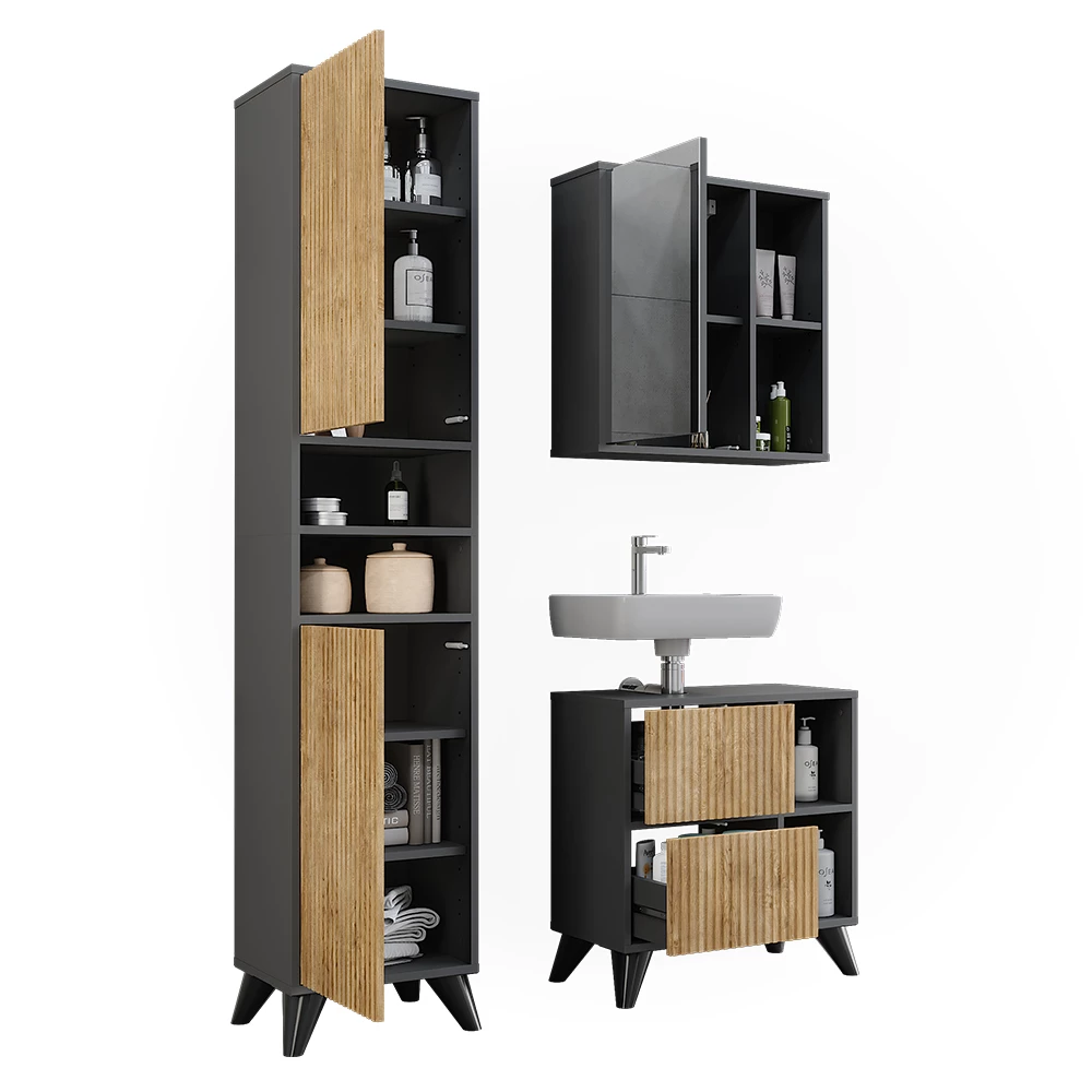 Vicco Set di mobili da bagno Antracite/quercia di montagna 3 parti, Leano
