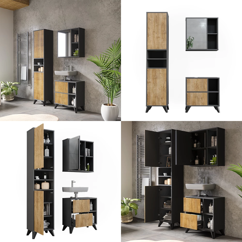 Vicco Set di mobili da bagno Antracite/quercia di montagna 3 parti, Leano